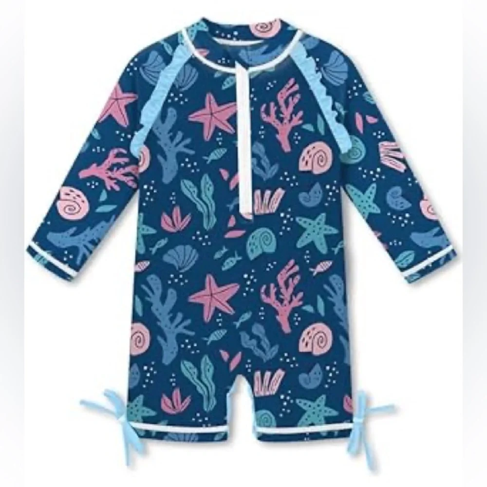 279 NIB BesserBay Infant Girl UPF 50+ Half Zip Long Sleeve Swimsuit Size: 12-18M